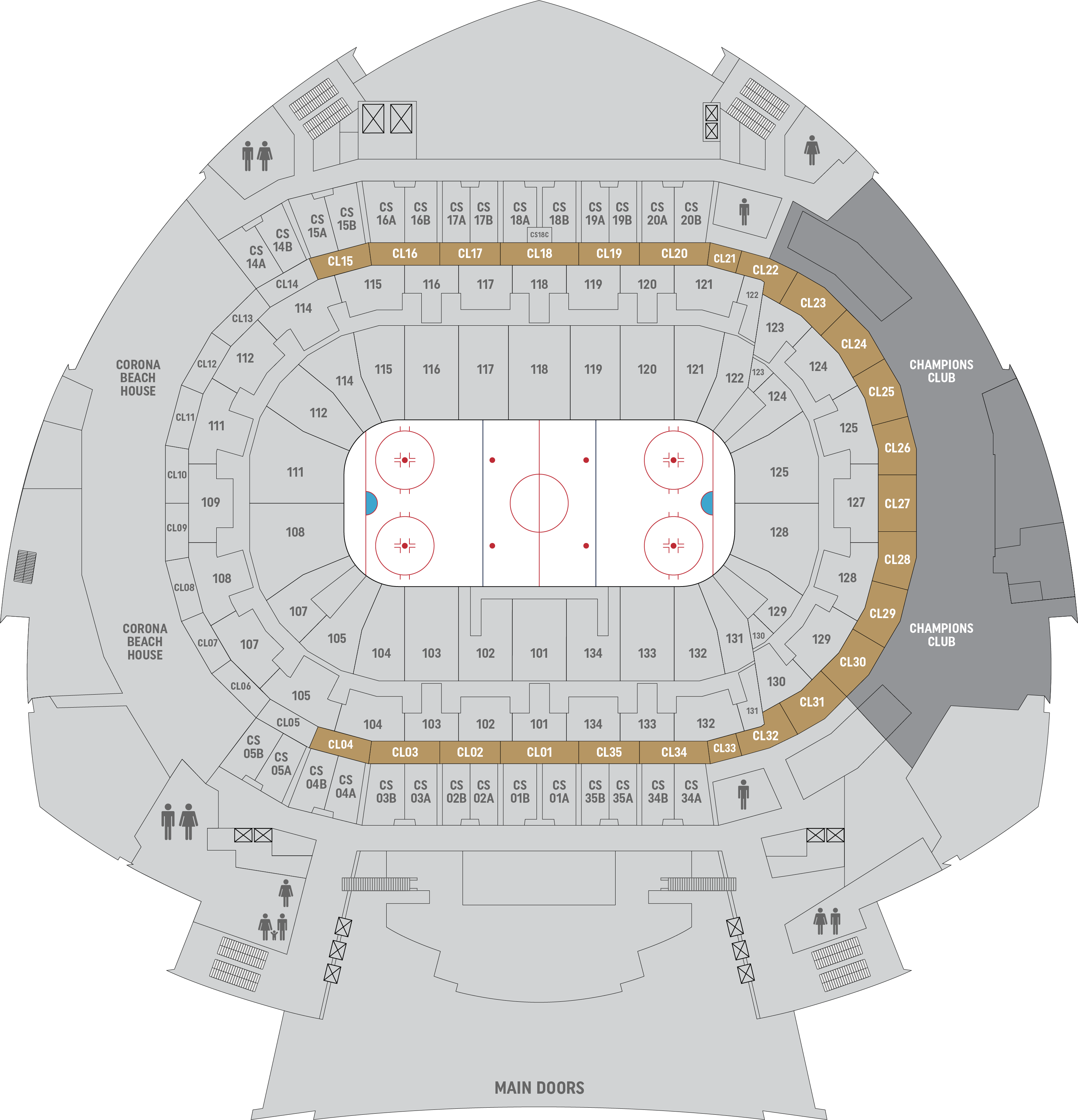 Amerant Bank Arena Club Level seat map with upgraded sections and Champions Club location